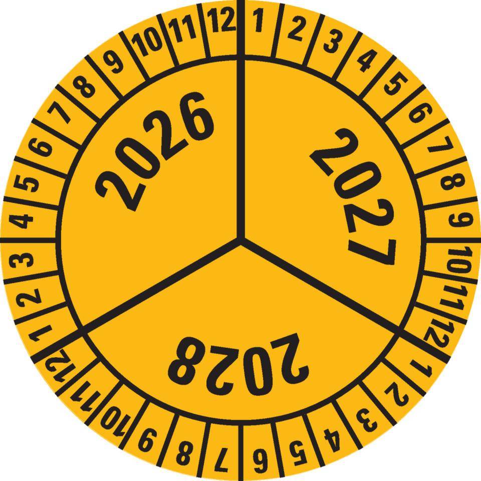 Prüfplakette 2026-2028, gelb, Dokumentenfolie, selbstklebend, Ø 40mm, 10/Bogen