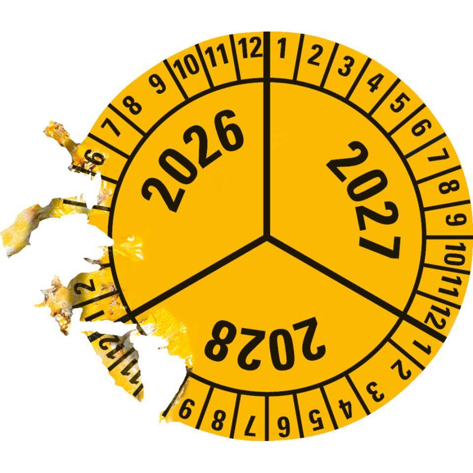 Prüfplakette 2026-2028, gelb, Dokumentenfolie, selbstklebend, Ø 40mm, 10/Bogen