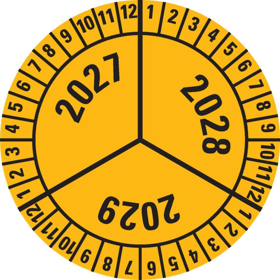 Prüfplakette 2027-2029, gelb, Dokumentenfolie, selbstklebend, Ø 40mm, 10/Bogen