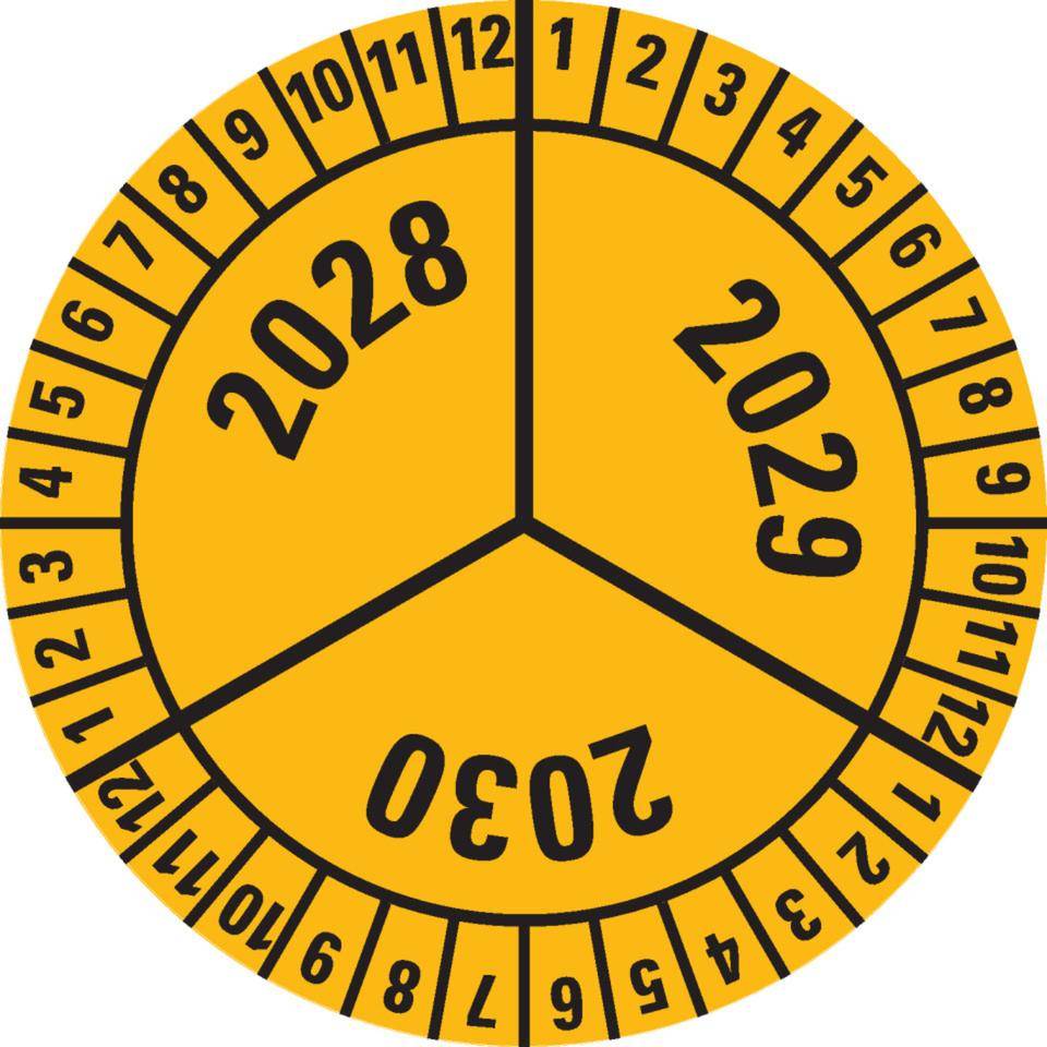 Prüfplakette 2028-2030, gelb, Dokumentenfolie, selbstklebend, Ø 40mm, 10/Bogen