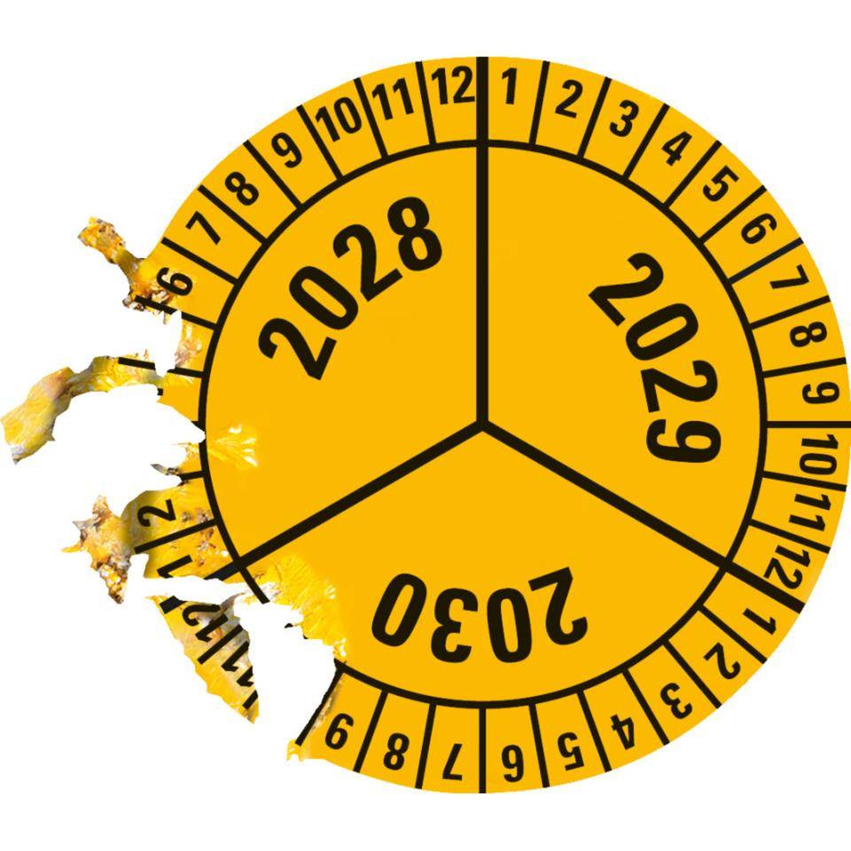 Prüfplakette 2028-2030, gelb, Dokumentenfolie, selbstklebend, Ø 40mm, 10/Bogen