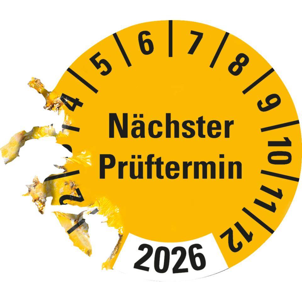 Prüfplakette Nächster Prüftermin 2026, gelb, Dokumentenfolie, Ø 30mm, 18/Bogen