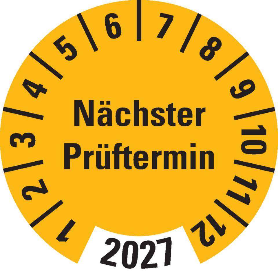 Prüfplakette Nächster Prüftermin 2027, gelb, Dokumentenfolie, Ø 30mm, 18/Bogen