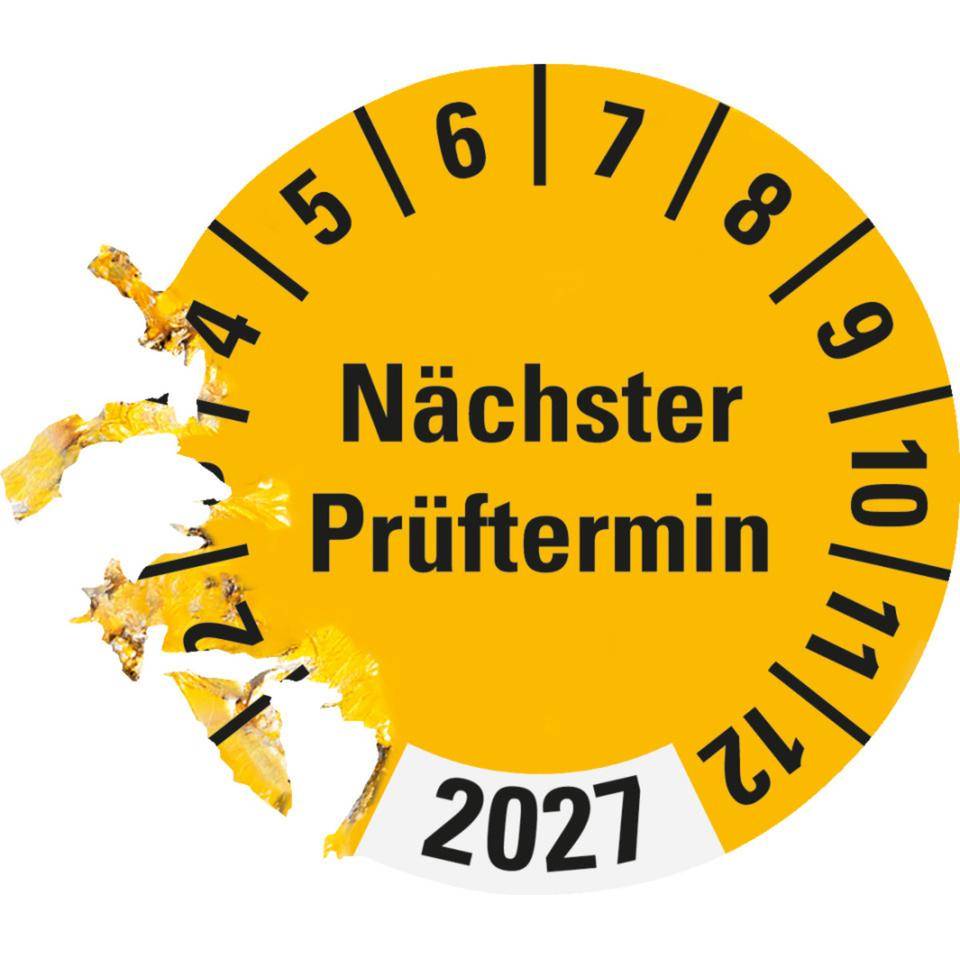 Prüfplakette Nächster Prüftermin 2027, gelb, Dokumentenfolie, Ø 30mm, 18/Bogen
