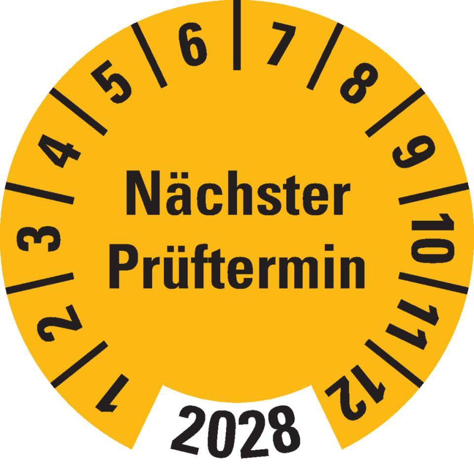 Prüfplakette Nächster Prüftermin 2028, gelb, Dokumentenfolie, Ø 30mm, 18/Bogen
