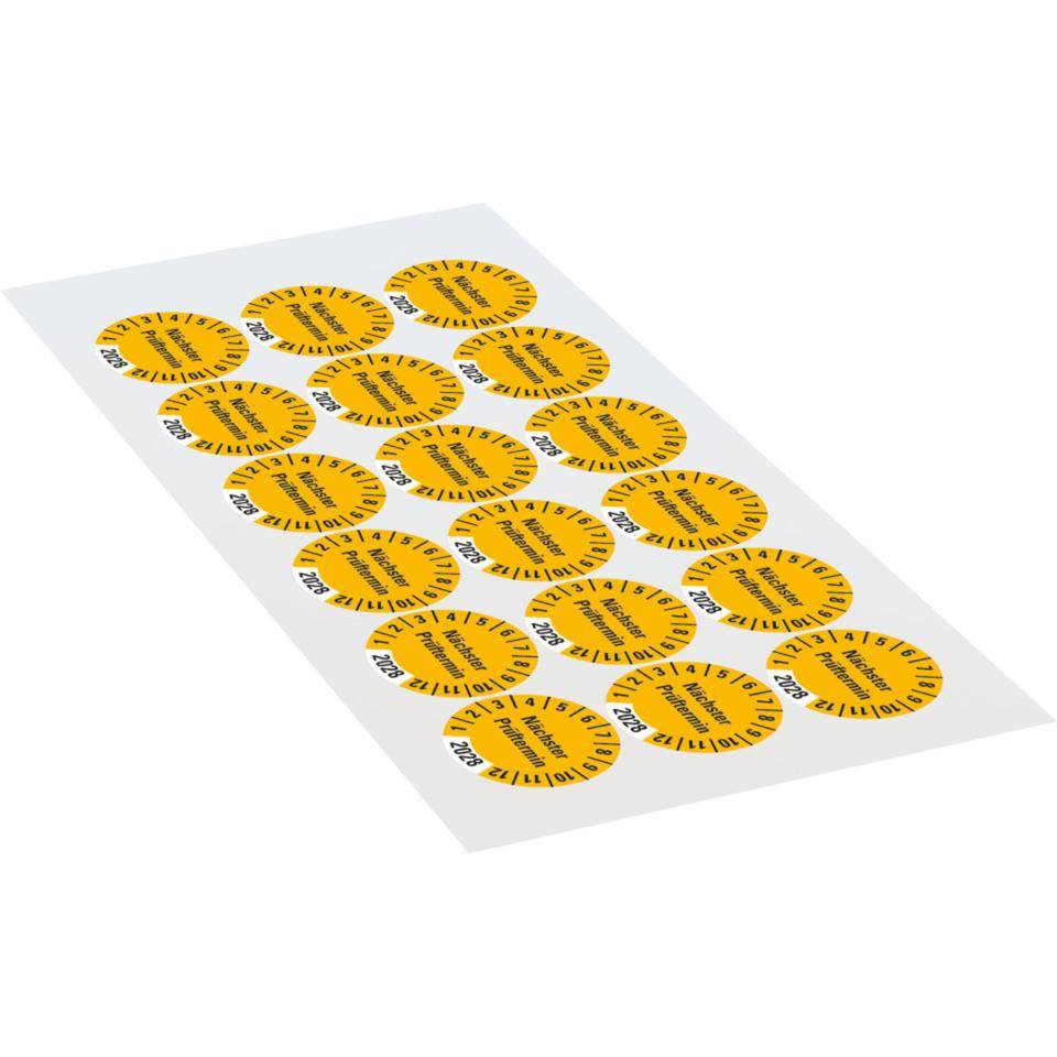 Prüfplakette Nächster Prüftermin 2028, gelb, Dokumentenfolie, Ø 30mm, 18/Bogen