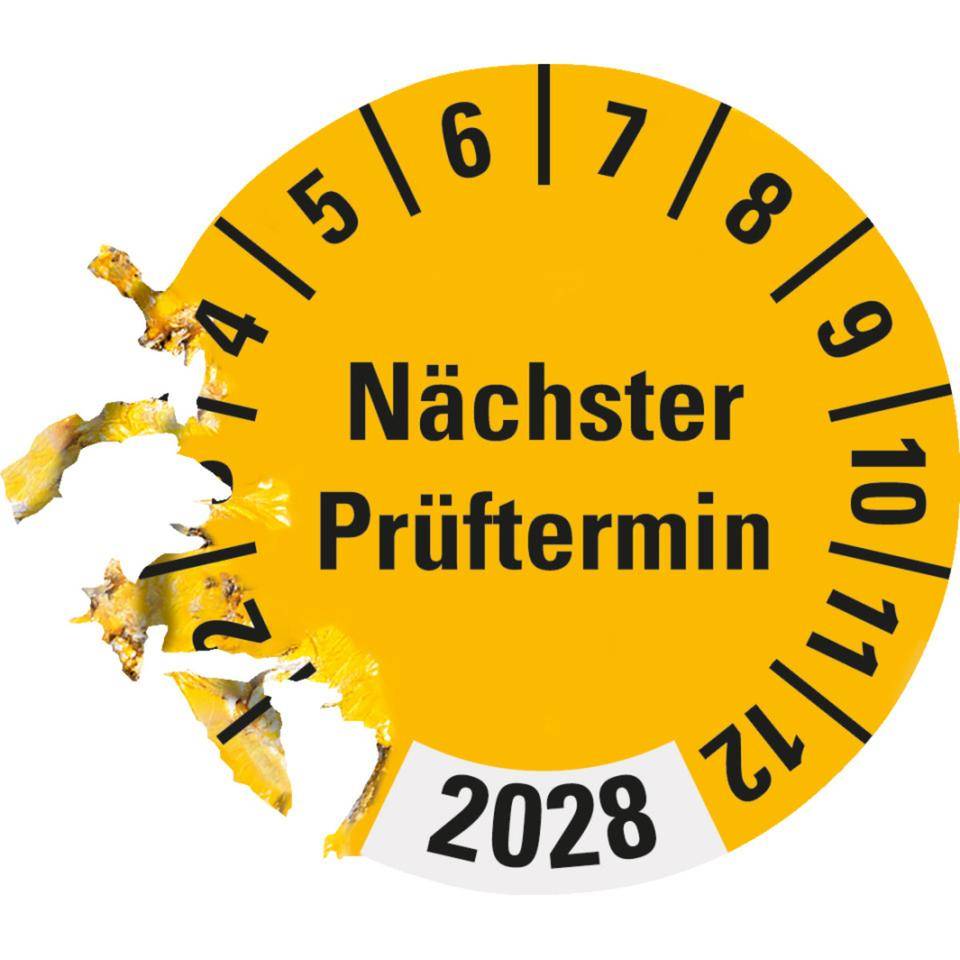 Prüfplakette Nächster Prüftermin 2028, gelb, Dokumentenfolie, Ø 30mm, 18/Bogen