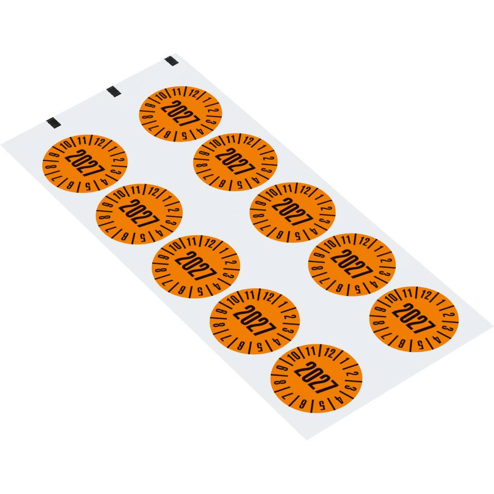 Prüfplakette 2027, orange, Dokumentenfolie, Spezialkleber, Ø 35mm, 10/Bogen