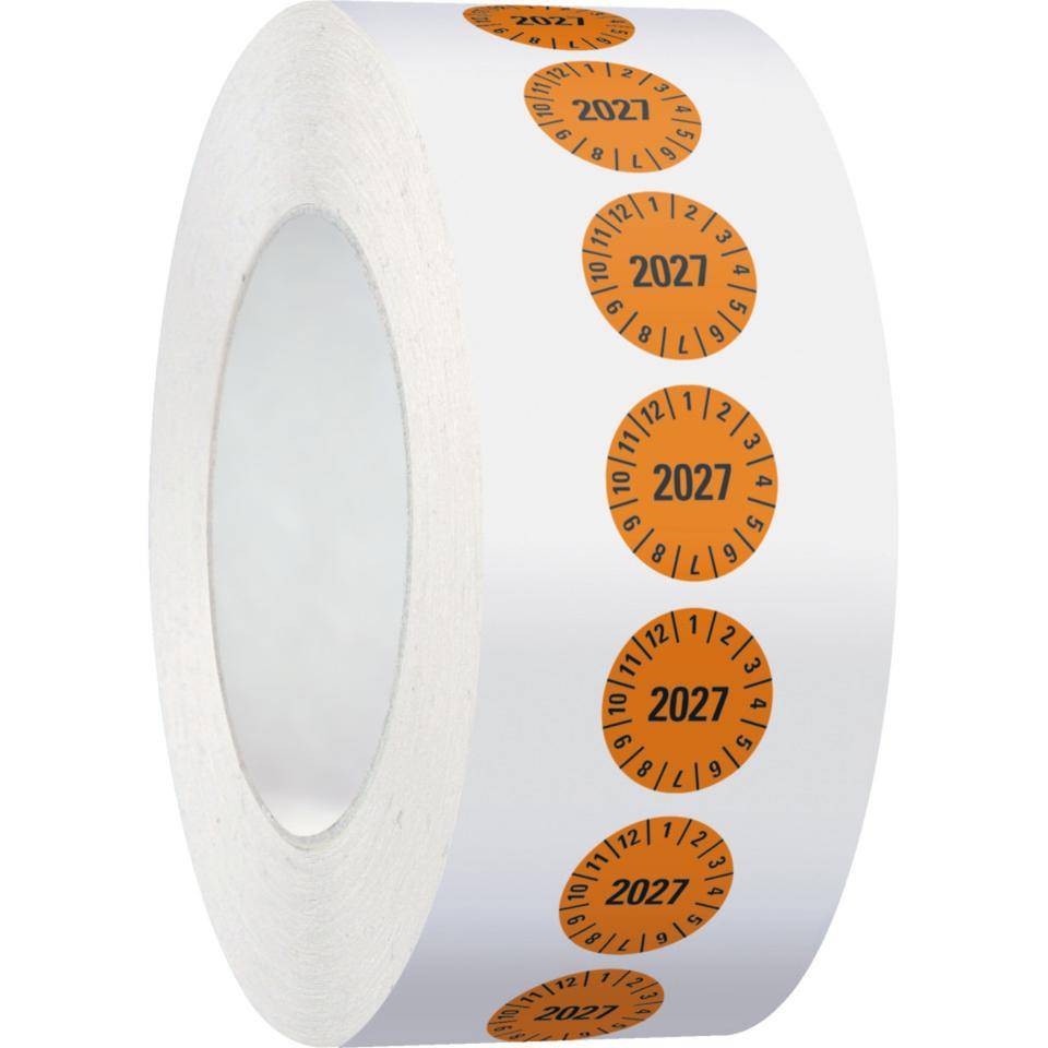 Prüfplakette 2027, orange, Folie, ablösbar, Ø 15mm, 1000/Rolle