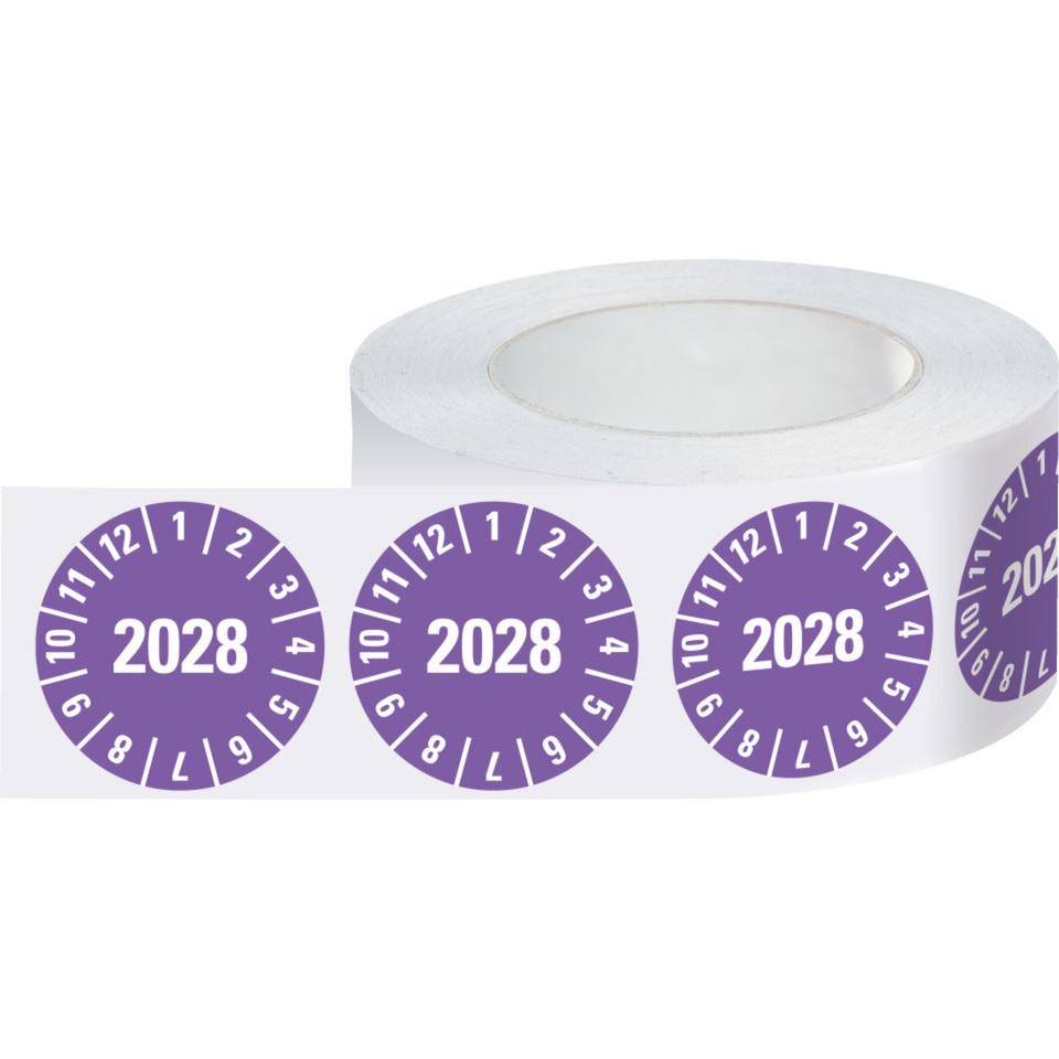 Jahresprüfplakette 2028, violett, Folie, ablösbar, Ø 10mm, 1000/Rolle