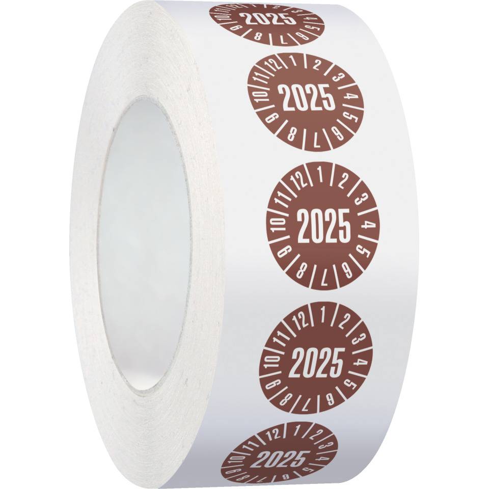 Prüfplakette 2025, braun, Dokumentenfolie, selbstklebend, Ø 25mm, 500/Rolle