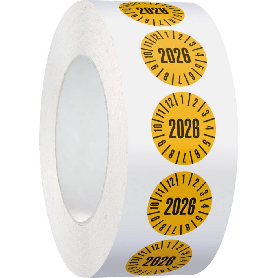 Prüfplakette 2026, gelb, Folie, ablösbar, Ø 25mm, 500/Rolle