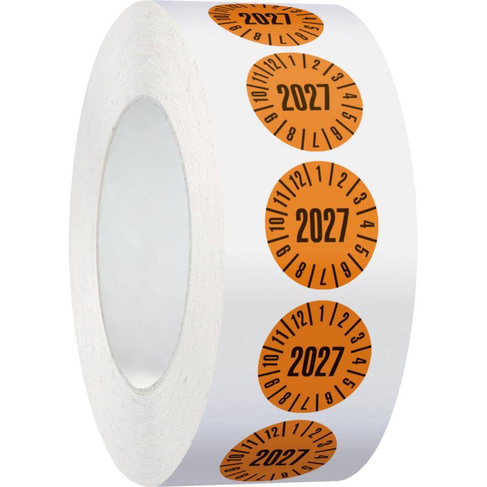 Prüfplakette 2027, orange, Folie, ablösbar, Ø 25mm, 500/Rolle