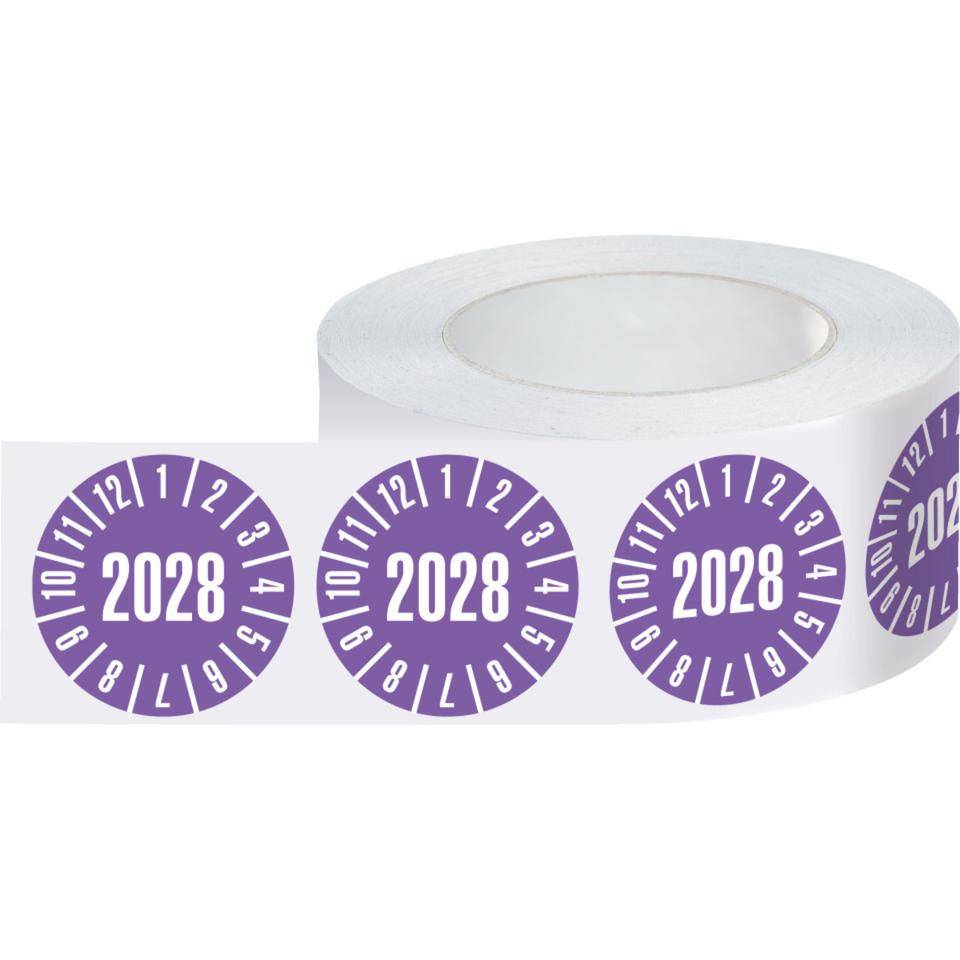 Prüfplakette 2028, violett, Cellulose-Folie, selbstklebend, Ø 30mm, 500/Rolle
