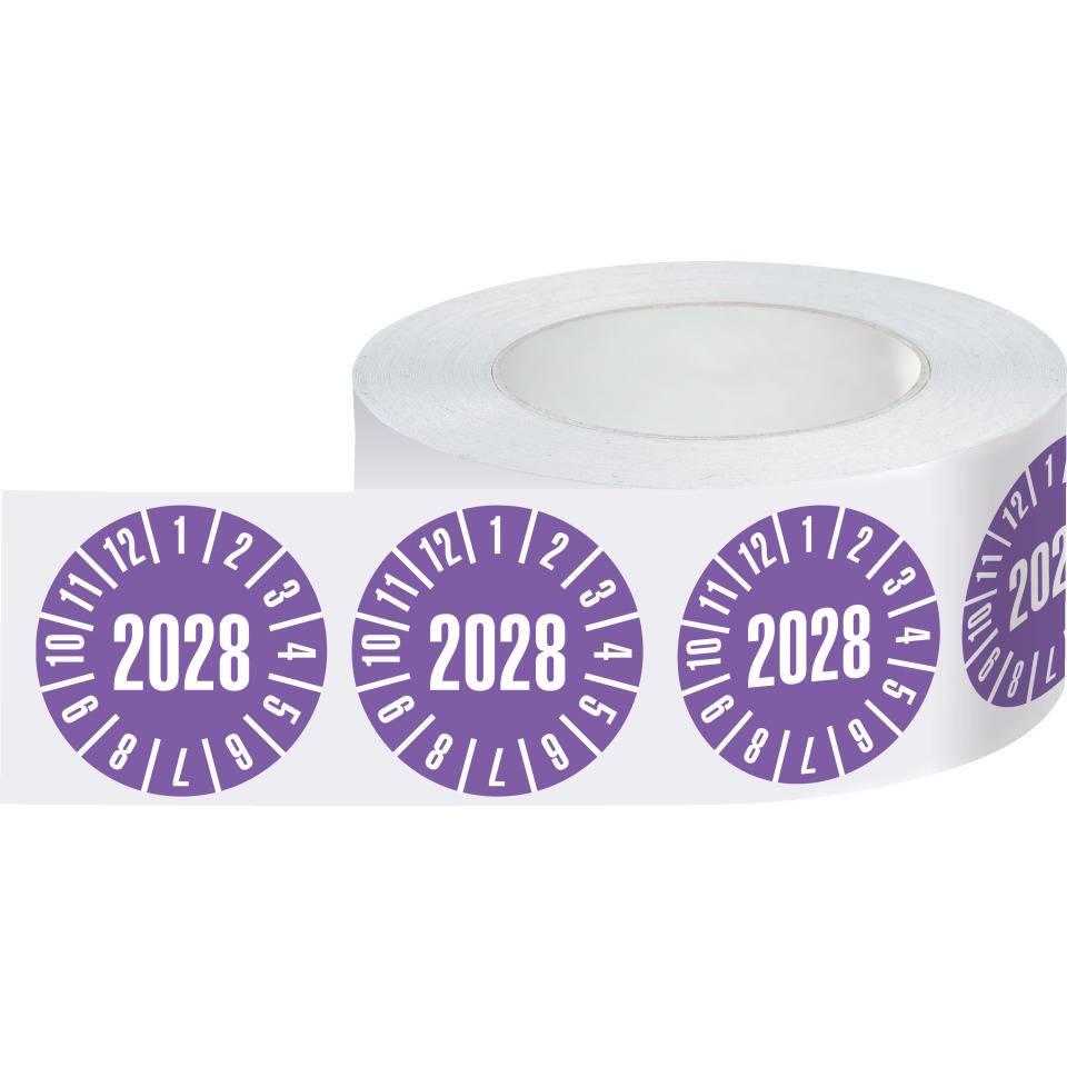 Prüfplakette 2028, violett, Folie, ablösbar, Ø 35mm, 500/Rolle