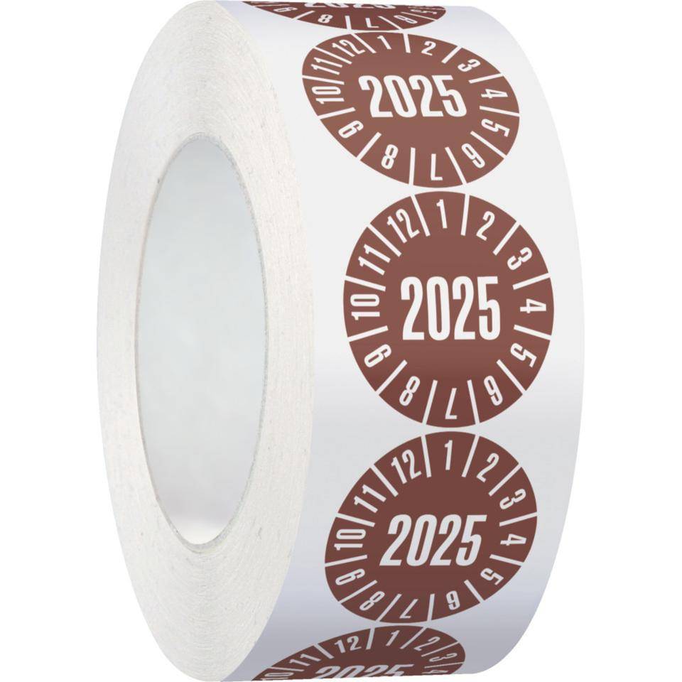 Prüfplakette 2025, braun, Dokumentenfolie, selbstklebend, Ø 35mm, 500/Rolle