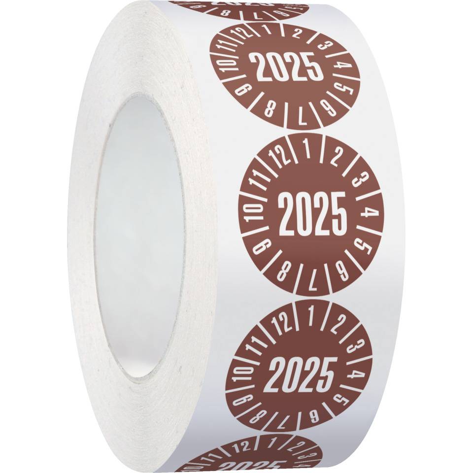Prüfplakette 2025, braun, Folie, ablösbar, Ø 35mm, 500/Rolle