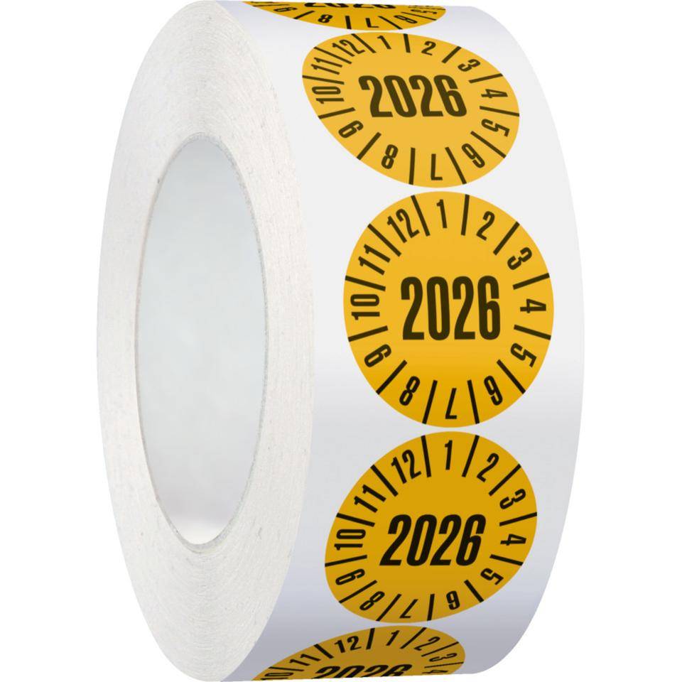Prüfplakette 2026, gelb, Dokumentenfolie, selbstklebend, Ø 35mm,500/Rolle