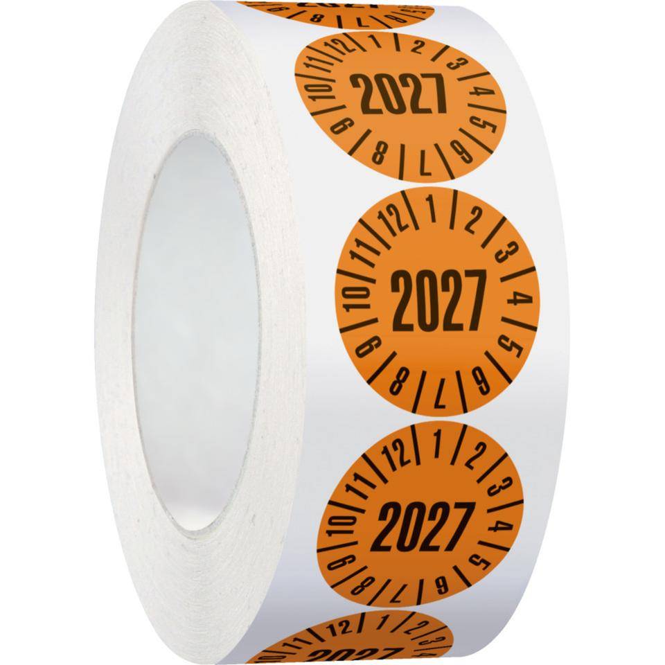 Prüfplakette 2027, orange, Dokumentenfolie, selbstklebend, Ø 35mm, 500/Rolle