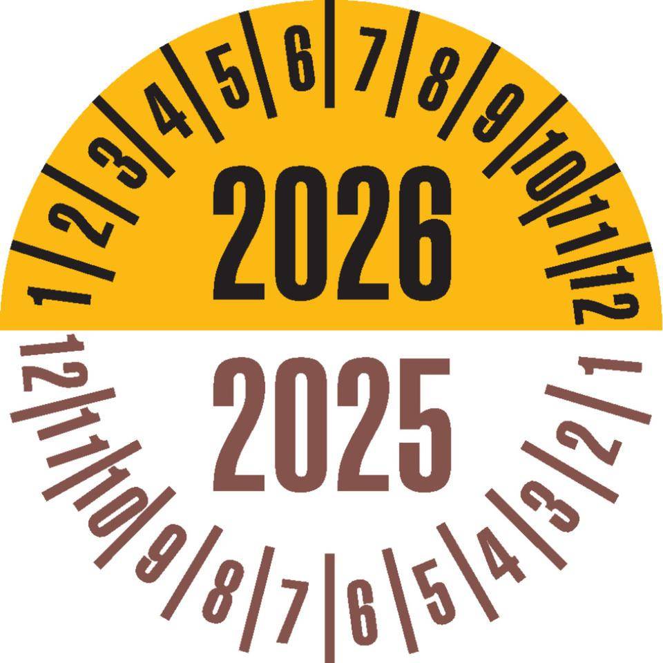 Prüfplakette 2026/2025, gelb/braun, Dokumentenfolie, Ø 25mm, 21/Bogen