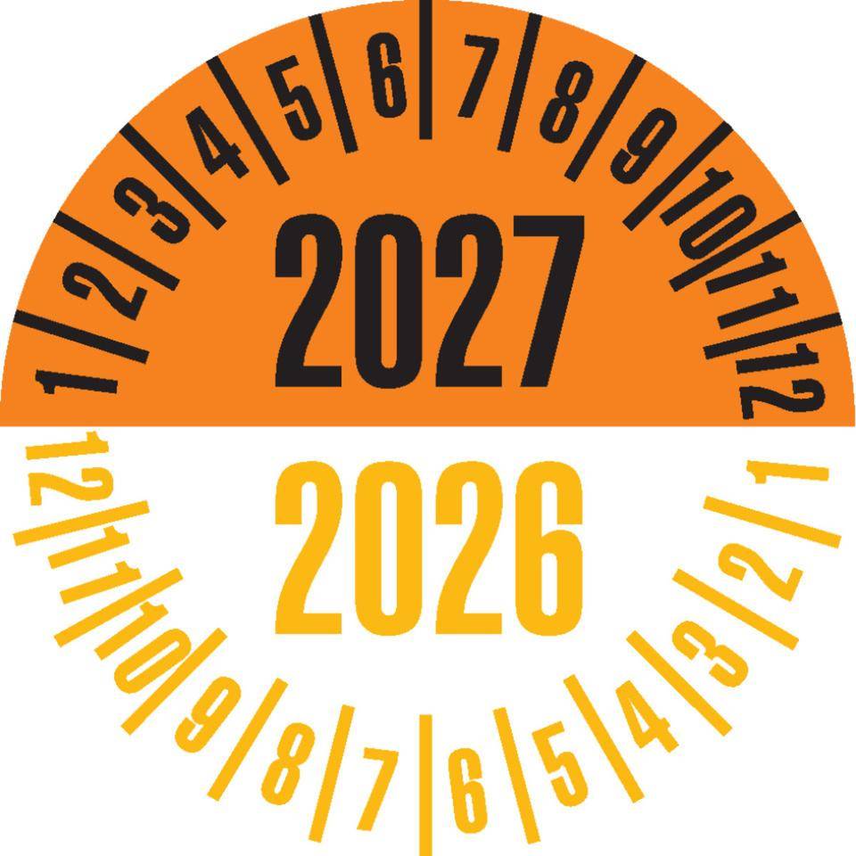 Prüfplakette 2027/2026, orange/gelb, Dokumentenfolie, Ø 25mm, 21/Bogen