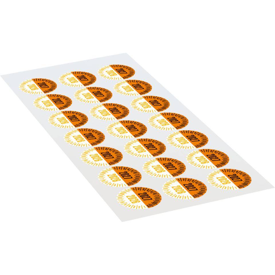 Prüfplakette 2027/2026, orange/gelb, Dokumentenfolie, Ø 25mm, 21/Bogen