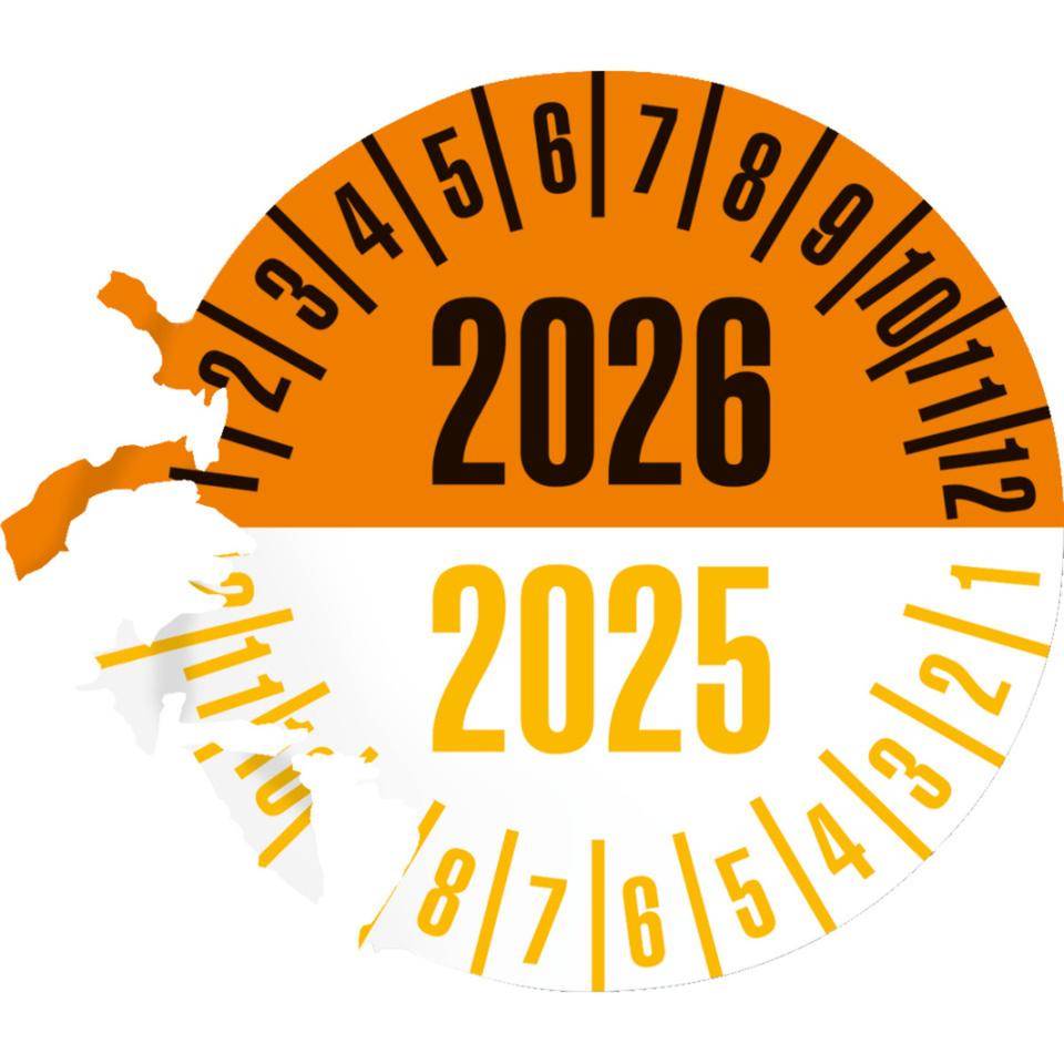 Prüfplakette 2027/2026, orange/gelb, Dokumentenfolie, Ø 25mm, 21/Bogen