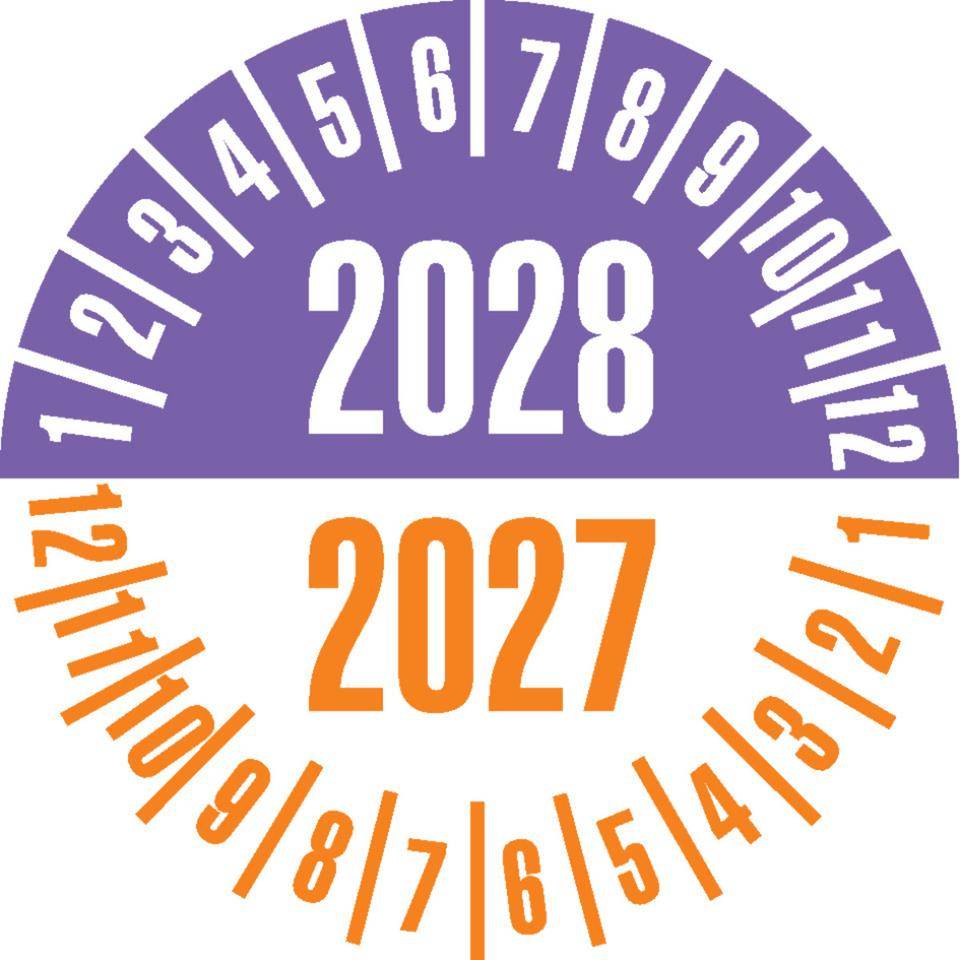 Prüfplakette 2028/2027, violett/orange, Dokumentenfolie, Ø 25mm,21/Bogen