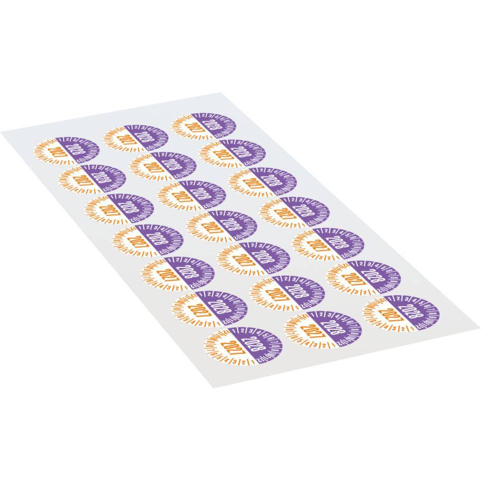 Prüfplakette 2028/2027, violett/orange, Dokumentenfolie, Ø 25mm,21/Bogen