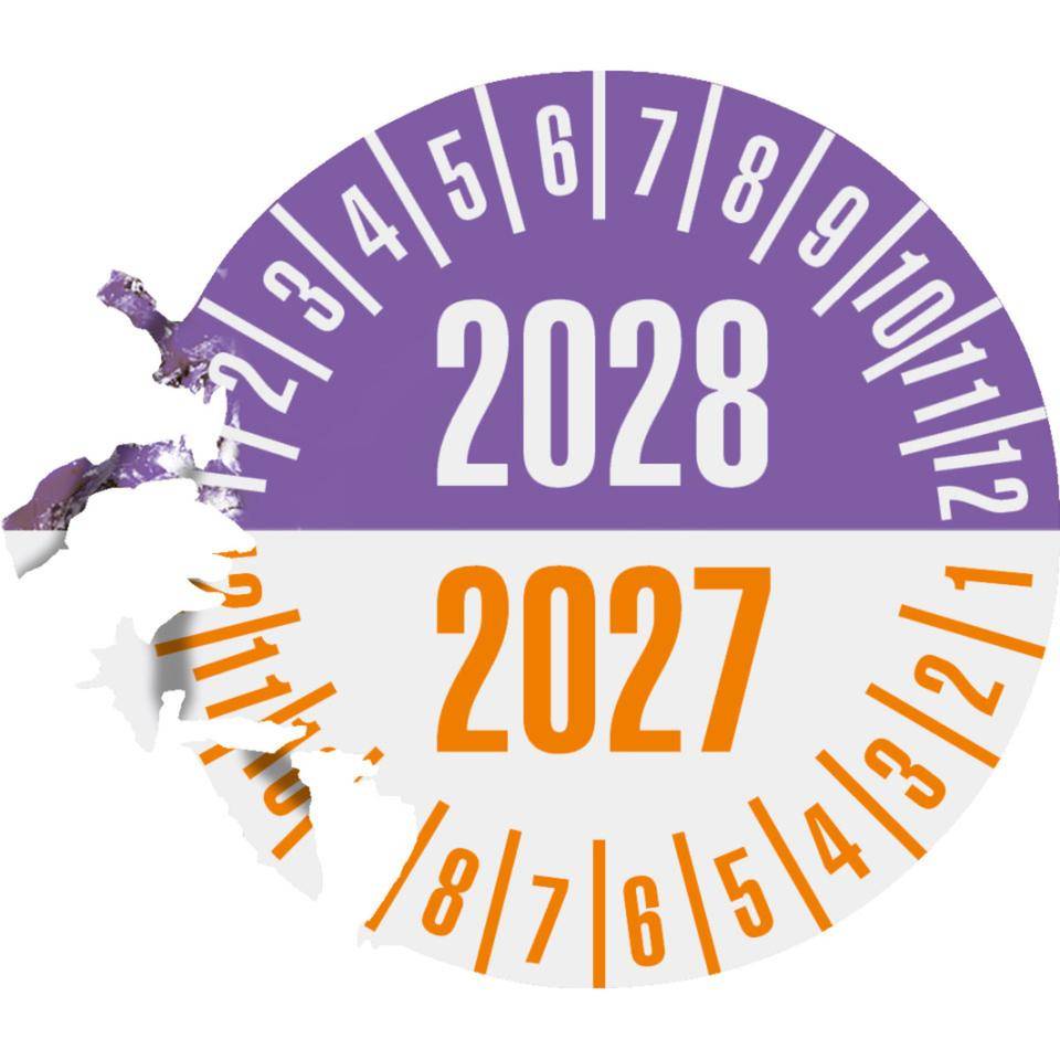 Prüfplakette 2028/2027, violett/orange, Dokumentenfolie, Ø 25mm,21/Bogen
