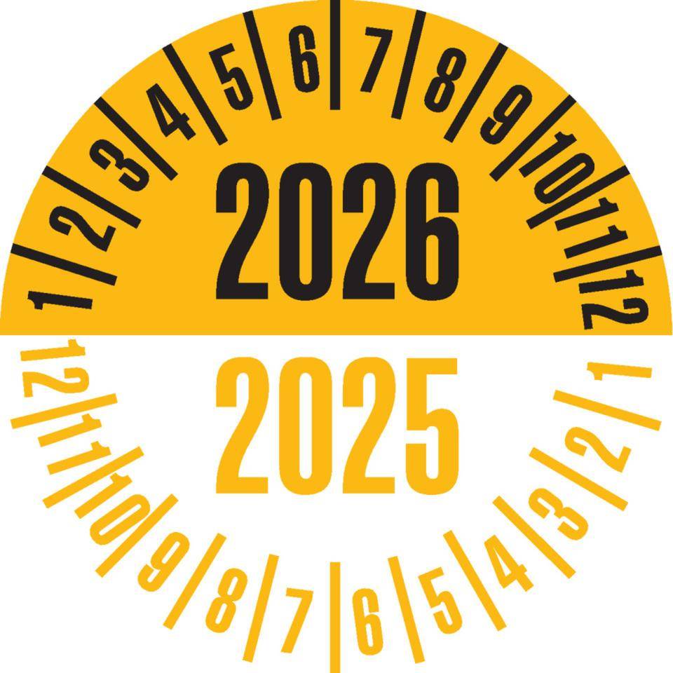Prüfplakette 2026/2025,gelb/weiß,Dokumentenfolie,selbstklebend,Ø35mm,10/Bogen