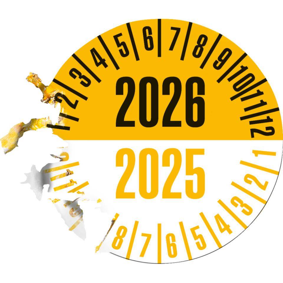 Prüfplakette 2026/2025,gelb/weiß,Dokumentenfolie,selbstklebend,Ø35mm,10/Bogen