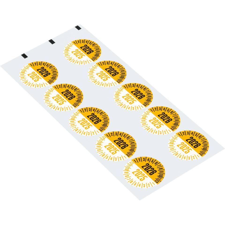 Prüfplakette 2026/2025,gelb/weiß,Dokumentenfolie,selbstklebend,Ø35mm,10/Bogen