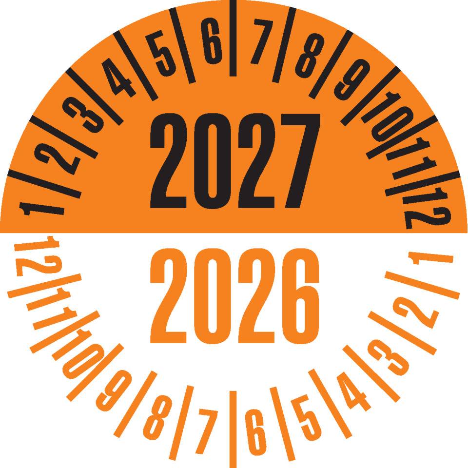 Prüfplakette 2027/2026, orange/schwarz, Dokumentenfolie, selbstklebend, Ø35mm, 10/Bogen