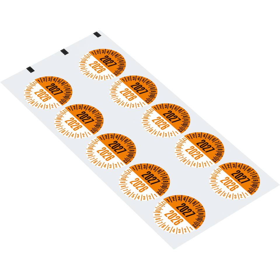 Prüfplakette 2027/2026, orange/schwarz, Dokumentenfolie, selbstklebend, Ø35mm, 10/Bogen