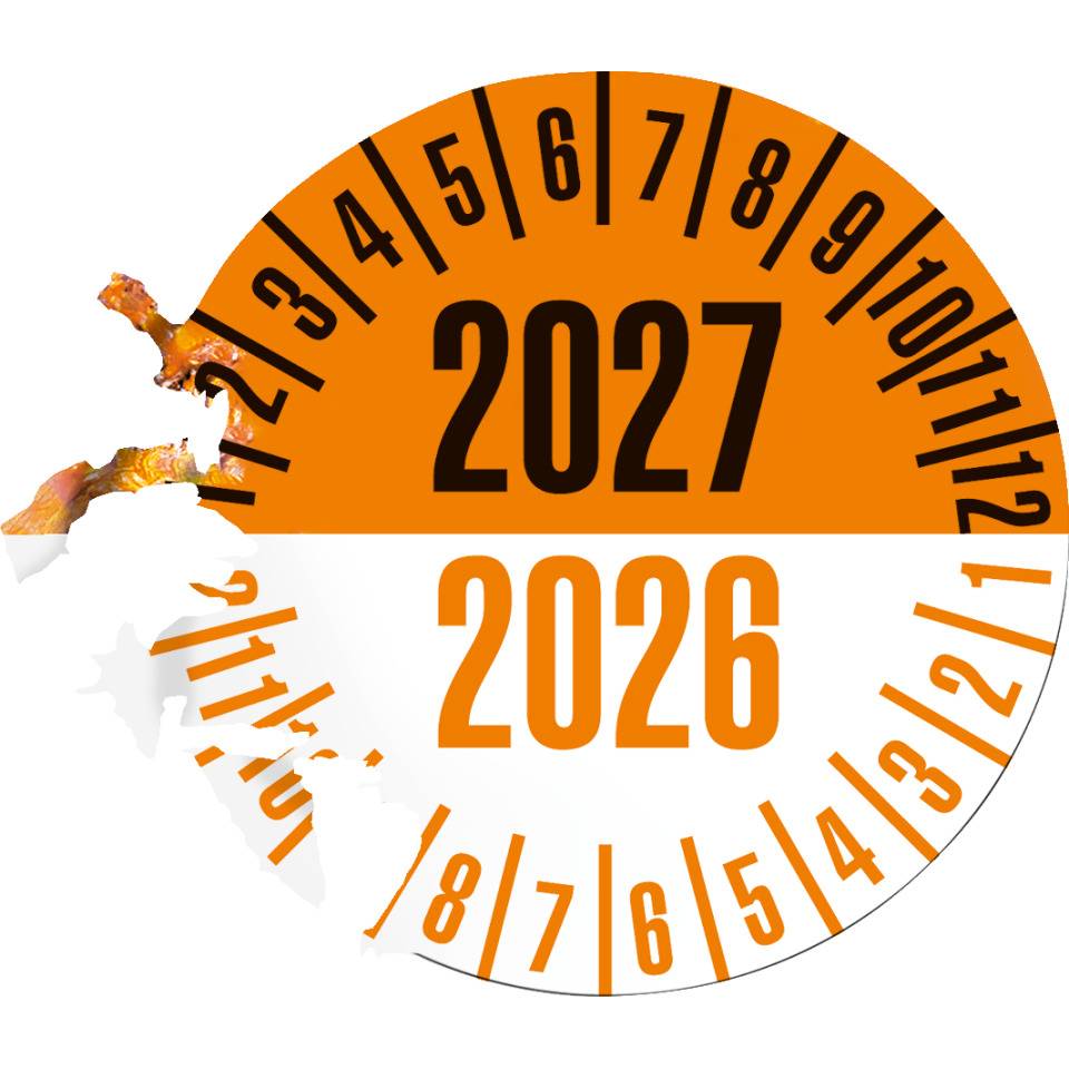 Prüfplakette 2027/2026, orange/schwarz, Dokumentenfolie, selbstklebend, Ø35mm, 10/Bogen