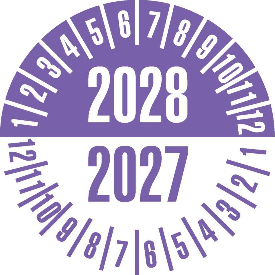 Prüfplakette 2028/2027, violett/weiß, Dokumentenfolie, selbstklebend, Ø35mm, 10/Bogen