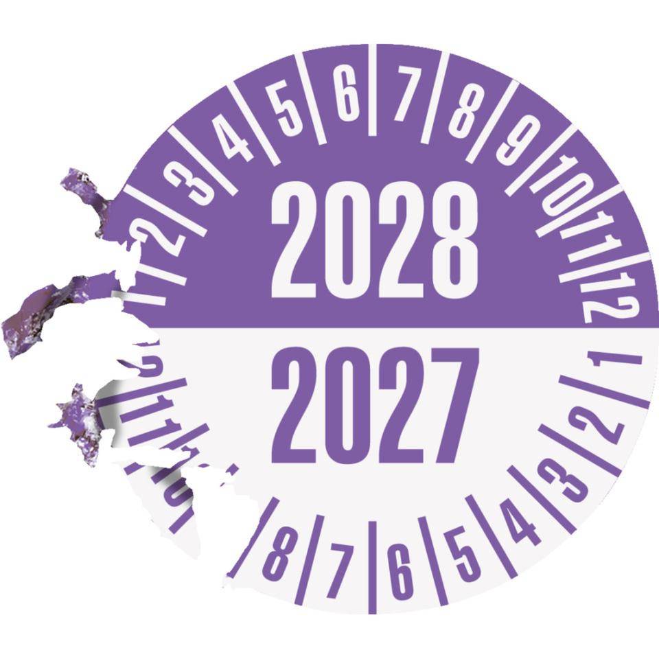 Prüfplakette 2028/2027, violett/weiß, Dokumentenfolie, selbstklebend, Ø35mm, 10/Bogen