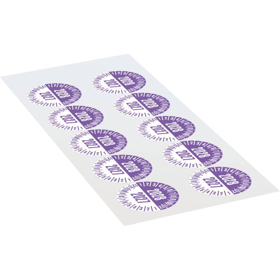 Prüfplakette 2028/2027, violett/weiß, Dokumentenfolie, selbstklebend, Ø35mm, 10/Bogen