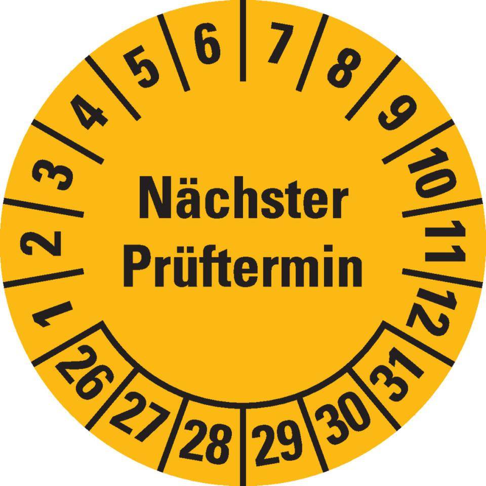 Prüfplakette Nächster Prüftermin, 26-31, gelb, Dokumentenfolie, Ø 30mm, 18/Bogen