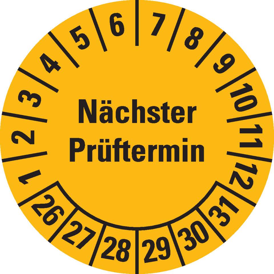 Prüfplakette Nächster Prüftermin, 26-31, gelb, Folie, ablösbar, Ø 30 mm, 500/Rolle