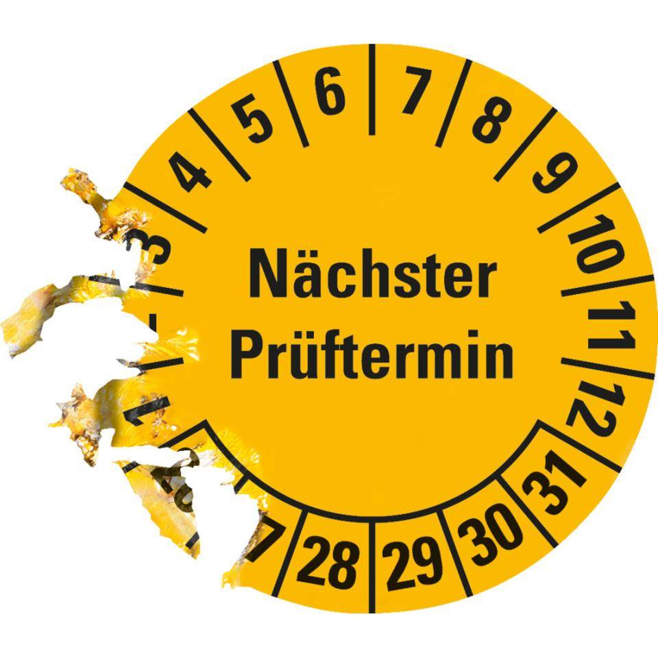 Prüfplakette Nächster Prüftermin, 26-31, gelb, Dokumentenfolie, Ø 30mm, 18/Bogen