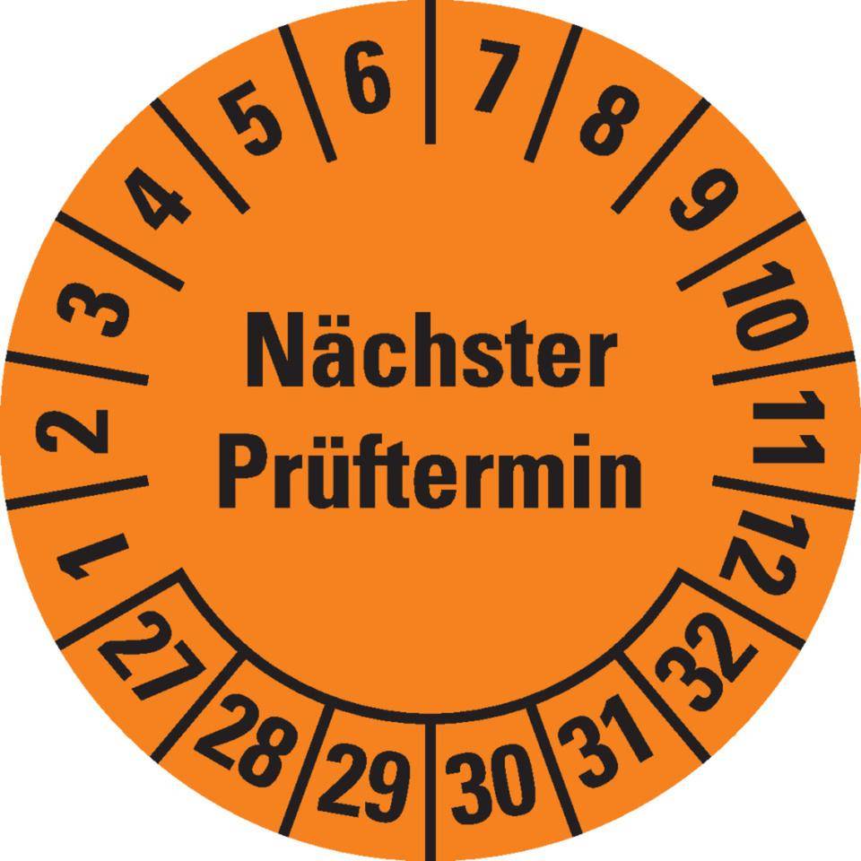 Prüfplakette Nächster Prüftermin, 27-32, orange, Dokumentenfolie, Ø 20mm, 500/Rolle