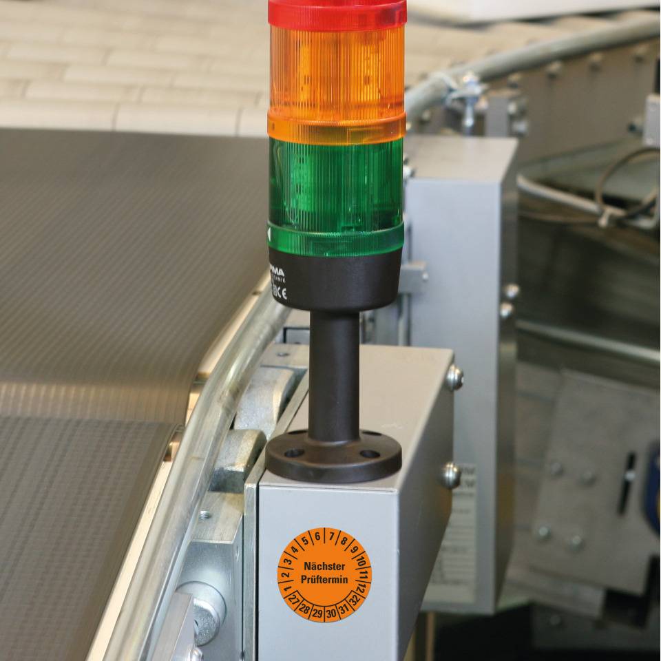 Prüfplakette Nächster Prüftermin 27-32, orange, Dokumentenfolie, Ø 20mm, 180/Heft