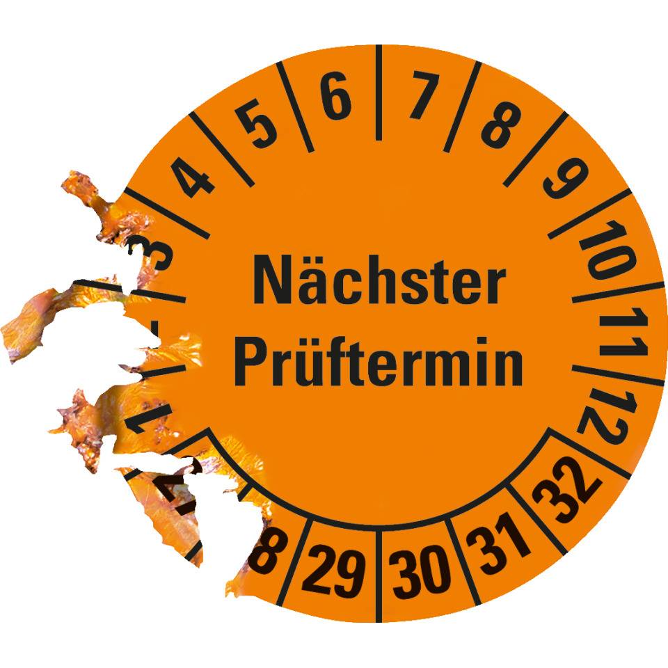 Prüfplakette Nächster Prüftermin 27-32, orange, Dokumentenfolie, Ø 20mm, 180/Heft