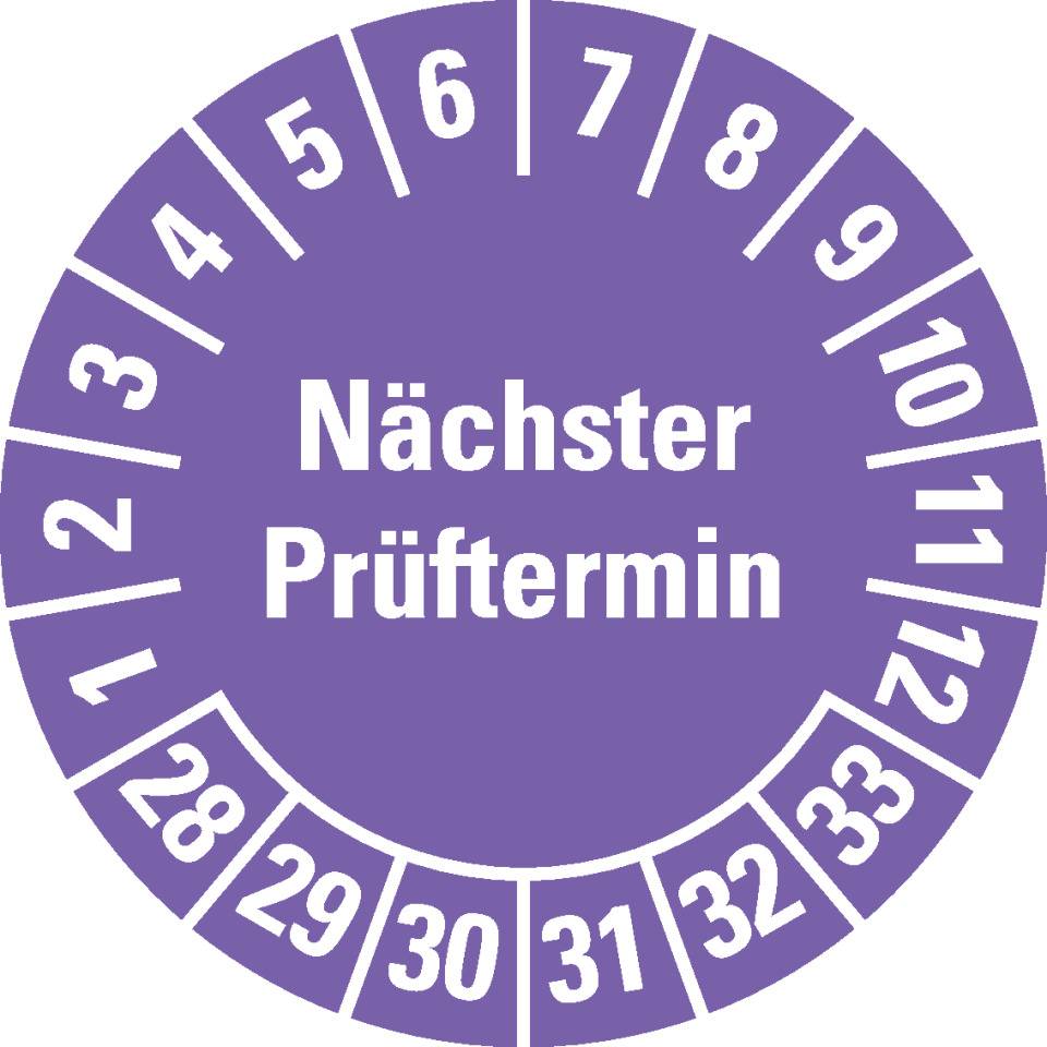 Prüfplakette Nächster Prüftermin, 28-33, violett, Dokumentenfolie, Ø 30mm, 18/Bogen