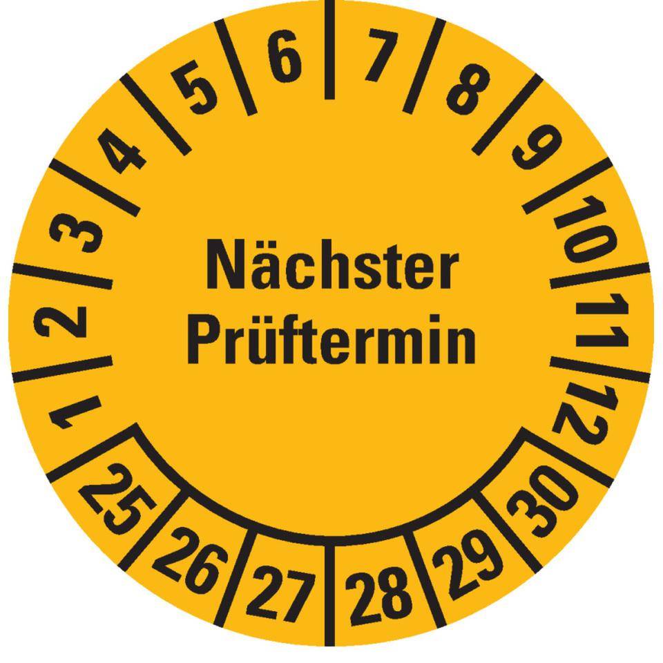 Prüfplakette Nächster Prüftermin 25-30, gelb, Folie, ablösbar, Ø 15mm, 420/Heft