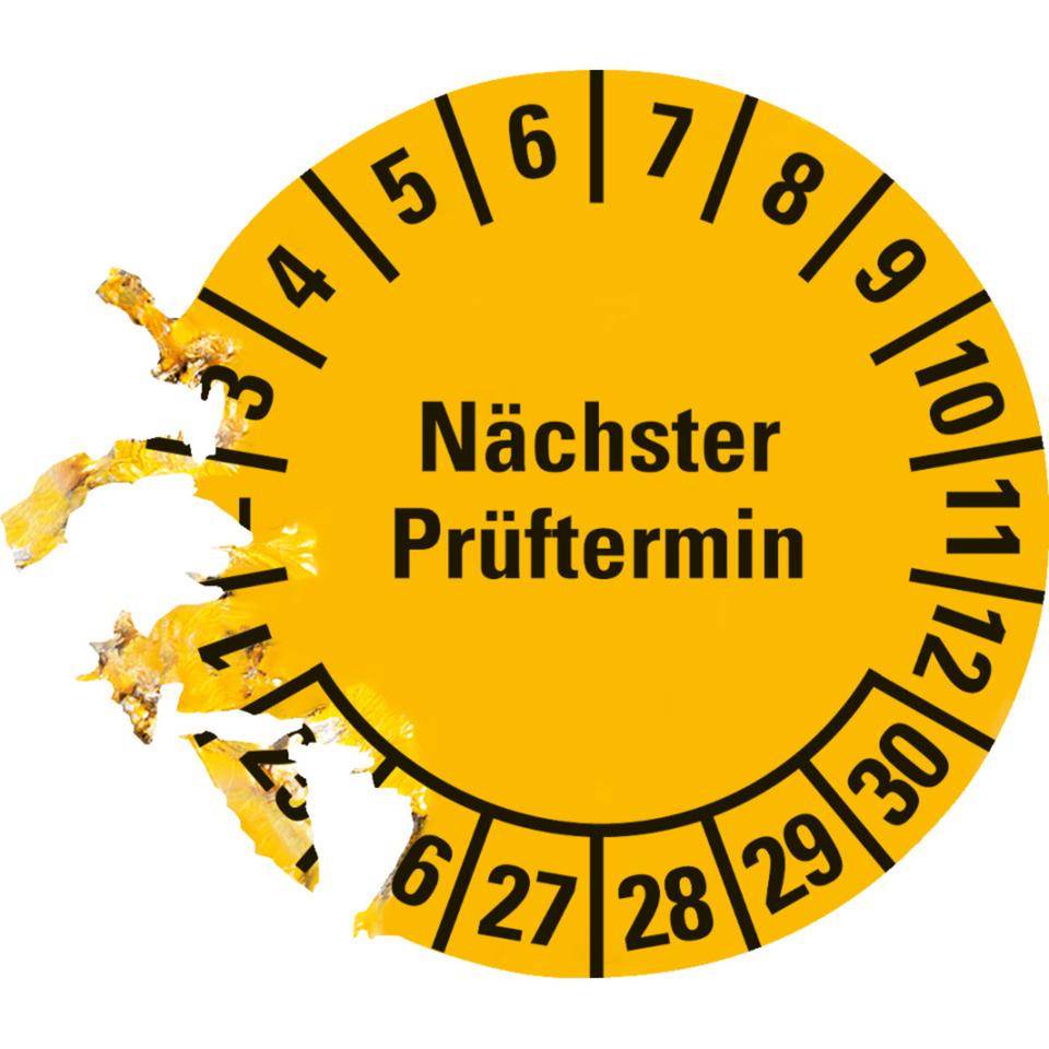 Prüfplakette Nächster Prüftermin 25-30, gelb, Dokumentenfolie, Ø30mm, 1250/Rolle