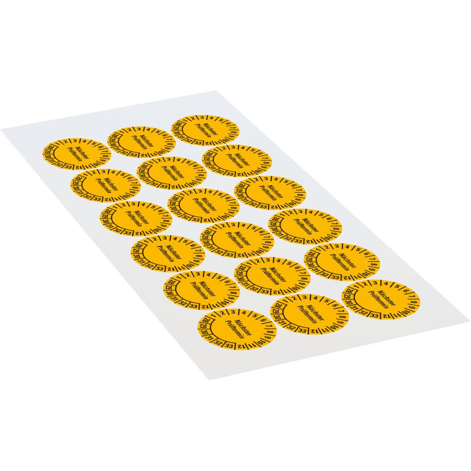 Prüfplakette Nächster Prüftermin 28-33, gelb, Dokumentenfolie, Ø 30mm, 18/Bogen