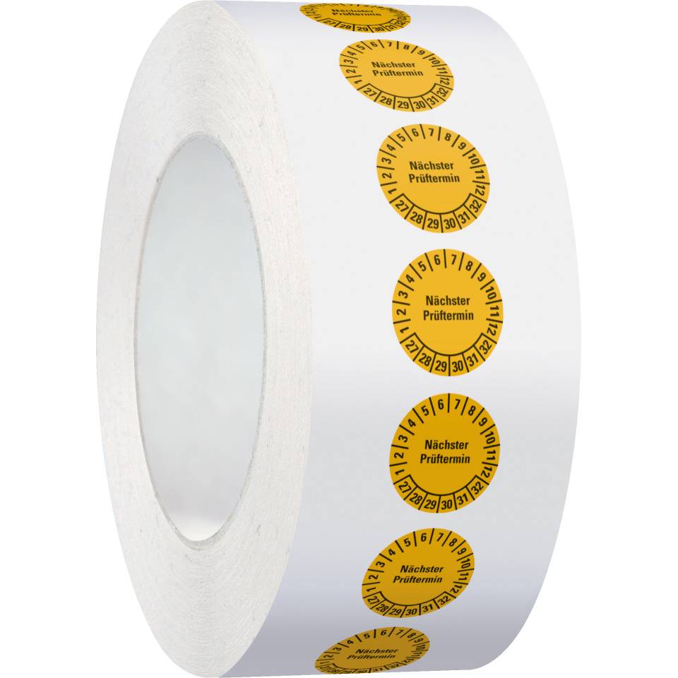 Prüfplakette Nächster Prüftermin 27-32, gelb, Dokumentenfolie, Ø 15mm, 1000/Rolle
